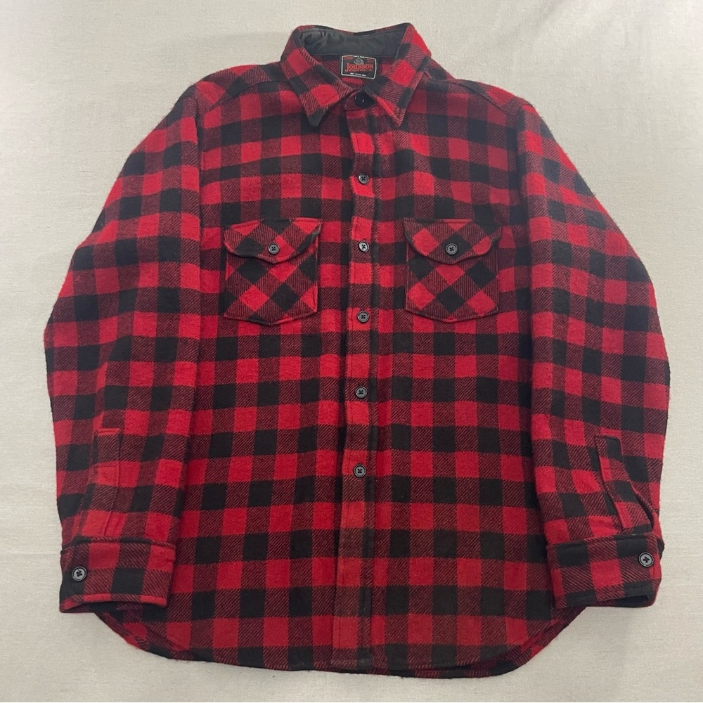 Vintage Johnson Woolen Mills Shirt Mens M/L Buffalo Plaid Wool USA Outdoors 90s